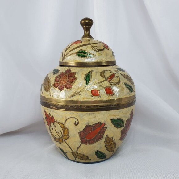 VTG Brass Cloisonné Enamel Lidded Ginger Jar Pot Urn Made in India 6 inches tall - Picture 11 of 13